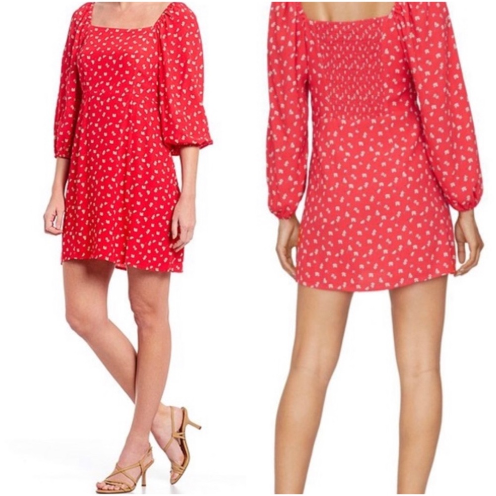 Sanctuary Red & White Floral Puff Sleeve Square Neckline Dress